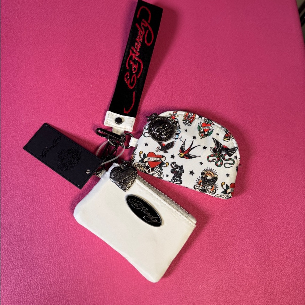 Ed Hardy Skull Charm Leatherette Coin Purse Embossed Black Logo Vegan Leather